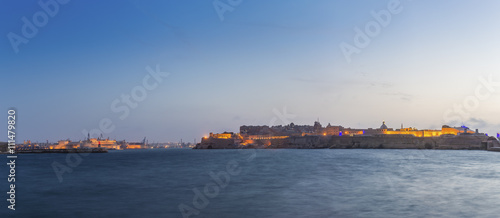 Valletta, Malta and the Grand Harbour from the Breakwater at blue hour