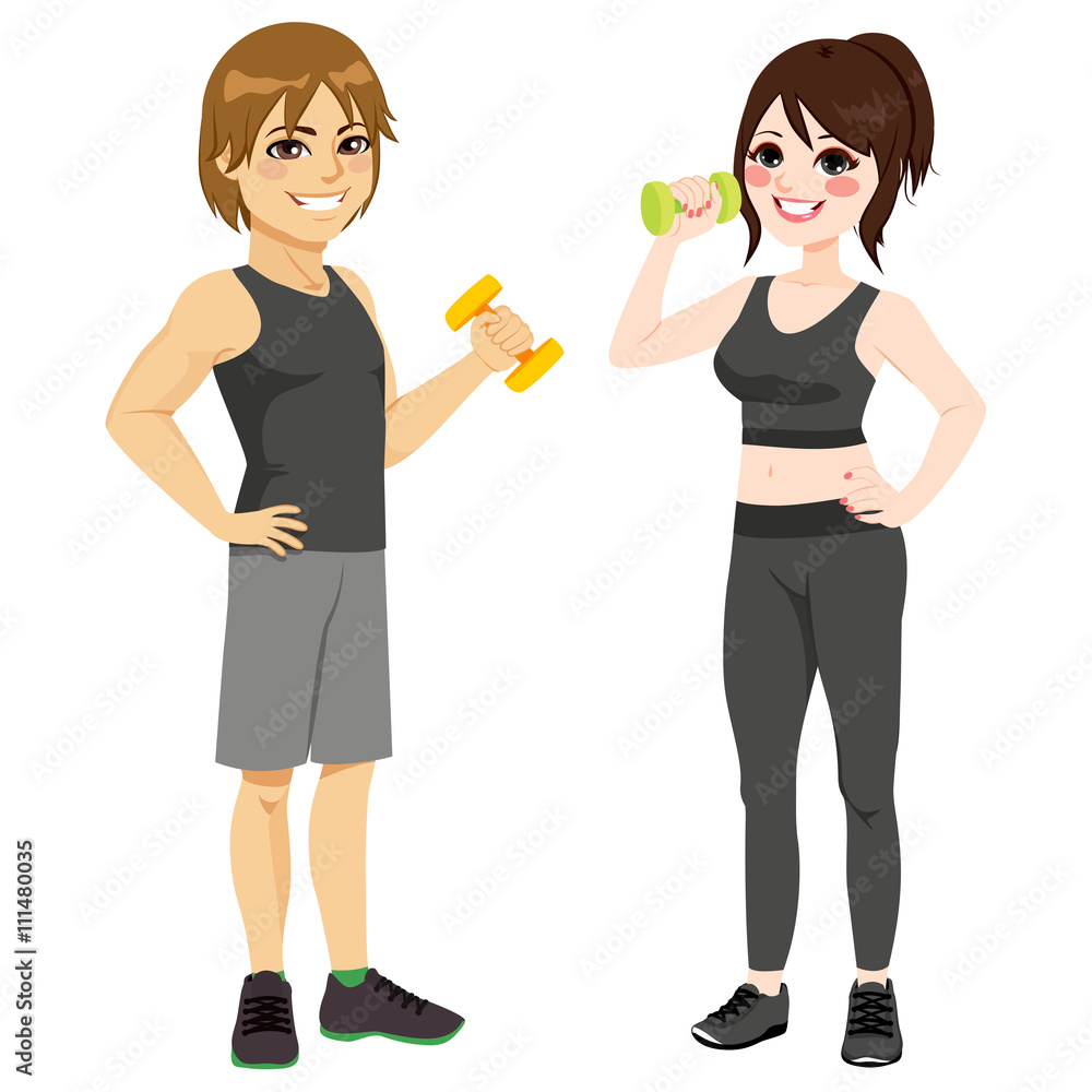 Young man and woman with dumbbell standing doing fitness exercise isolated on white background Young man and woman with dumbbell standing doing fitness exercise isolated on white background