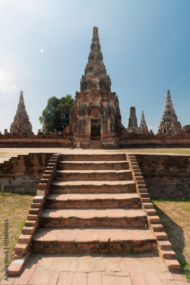Ancient pagoda on Chaiwatthanaram Temple in ayutthaya historical park thailand.