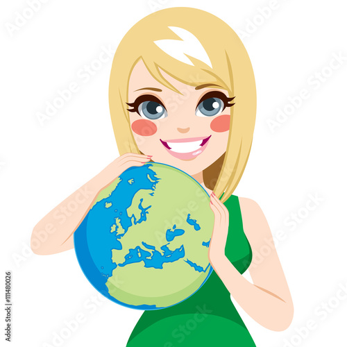 Young beautiful teenager girl hugging world loving earth ecology concept