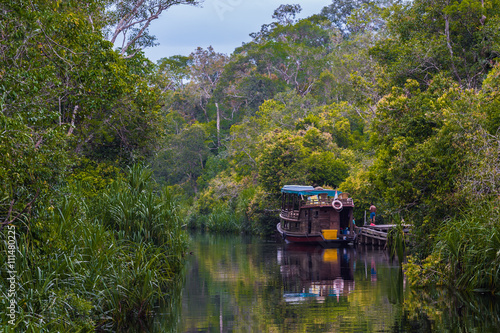 A small boat is reflected in the river along with the green leaves of the trees growing on the shore (Borneo / Kalimantan, Indonesia)