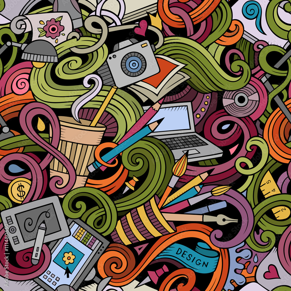Cartoon hand-drawn doodles on the subject of Design seamless pattern Cartoon hand-drawn doodles on the subject of Design seamless pattern