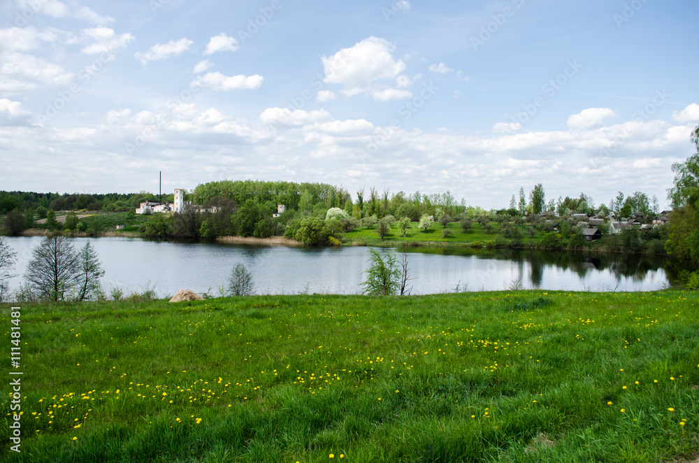 View above big beautiful lake with blue sky and green grass in Belarus, near Lepel. lake scape at summer.