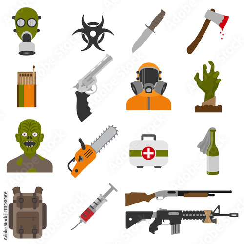 Items for the zombie apocalypse in a flat style.