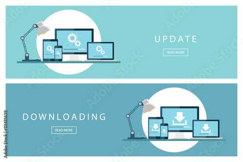 Set of flat design concepts Update and Downloading technology. Install new software, operating system. Banners for web design, marketing and promotion. Presentation templates. Vector illustration.