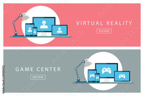 Set of flat design illustration concepts Virtual reality and Game center. Banners for web design, marketing and promotion. Presentation templates. Vector illustration.