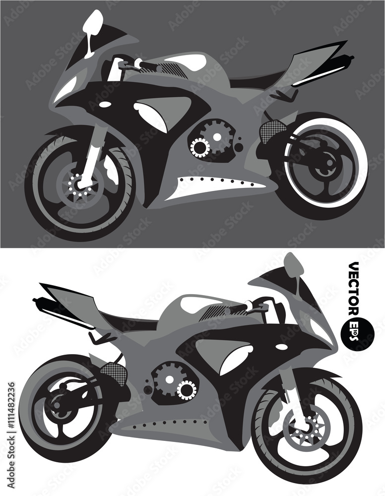 Fototapeta premium Motorcycle, sports body kit, monochrome vector isolated on black and white background. Motorbike. Sportbike. Transport for bikers. Motoclub