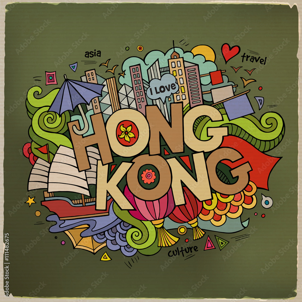 Hong Kong hand lettering and doodles elements background
