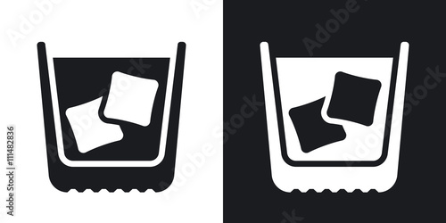 Glass of whiskey with ice, stock vector. Two-tone version on bla