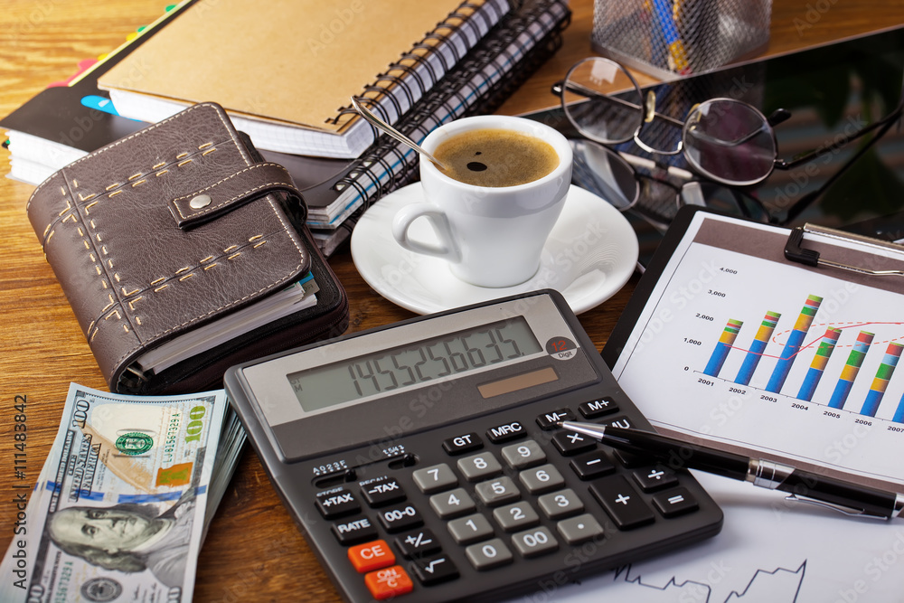 Business Objects office expanded in composition on a table Business Objects office expanded in composition on a table