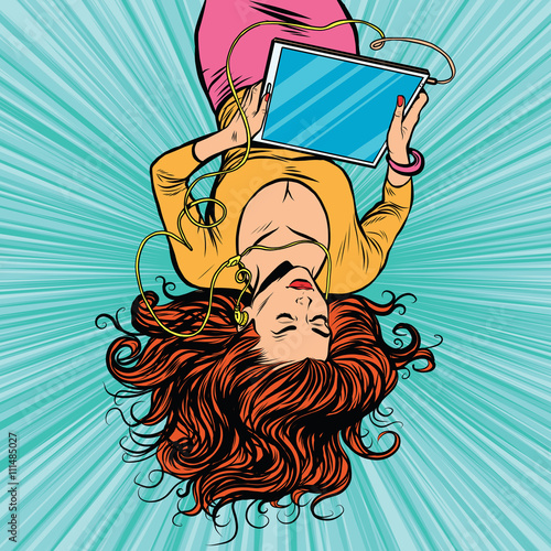 Beautiful upside down girl graphics tablet