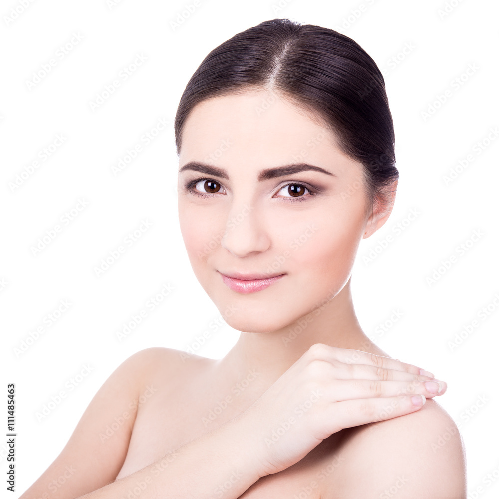 close up portrait of beautiful woman with perfect skin isolated