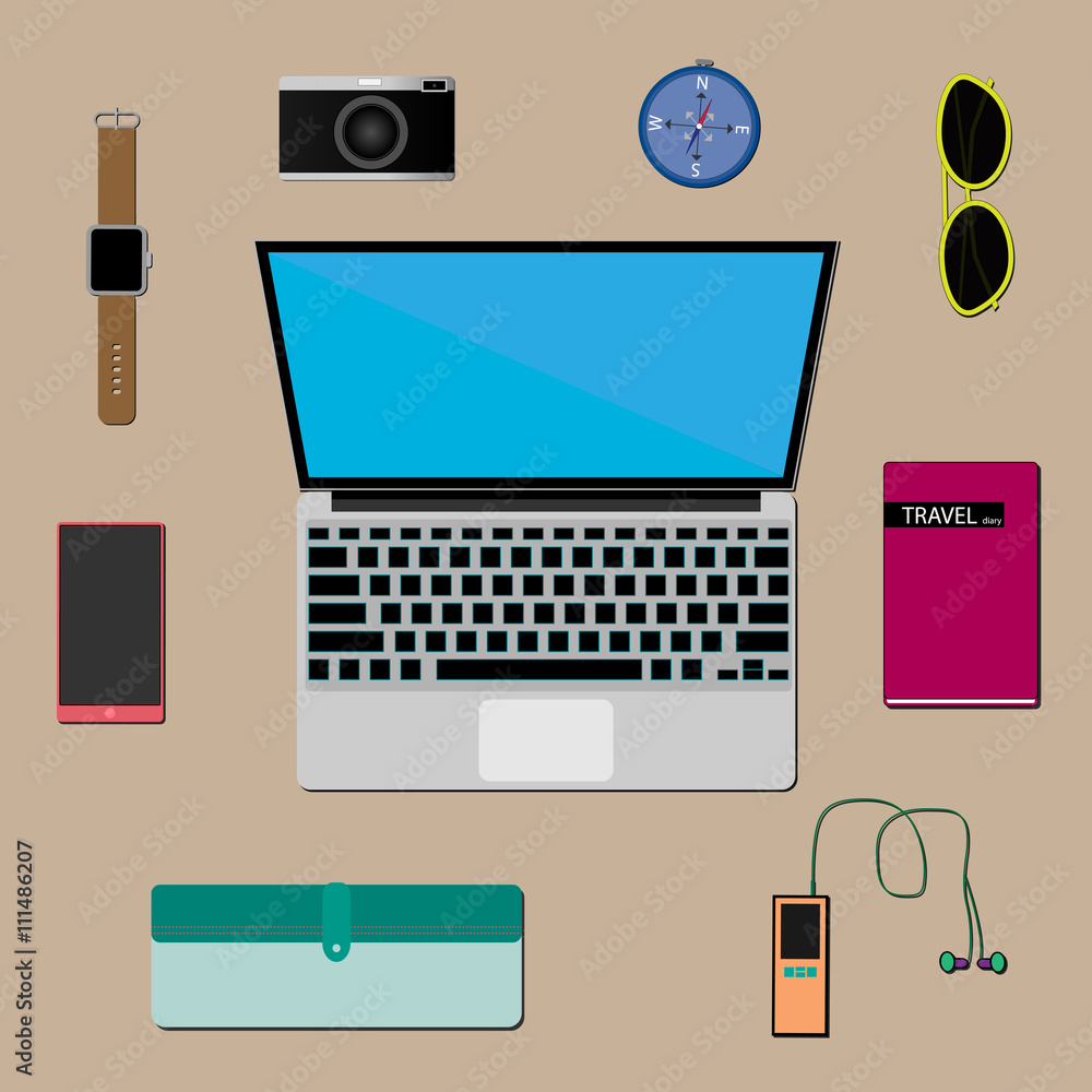 infographic flat lay : items for holiday essential. infographic flat lay : items for holiday essential.
