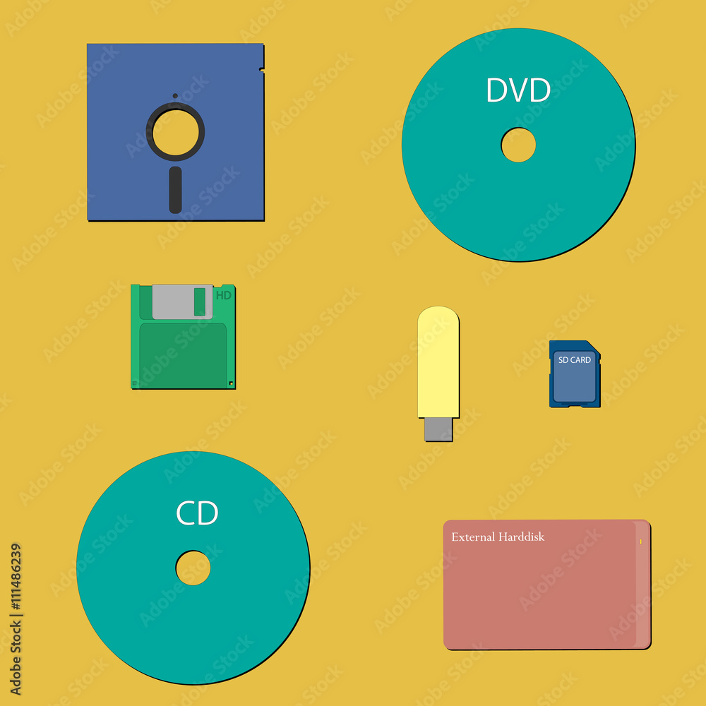 Infogrphic flat lay : Computer data media - floppy disk, CD, DVD, flash  drive, hard disk Stock Vector | Adobe Stock