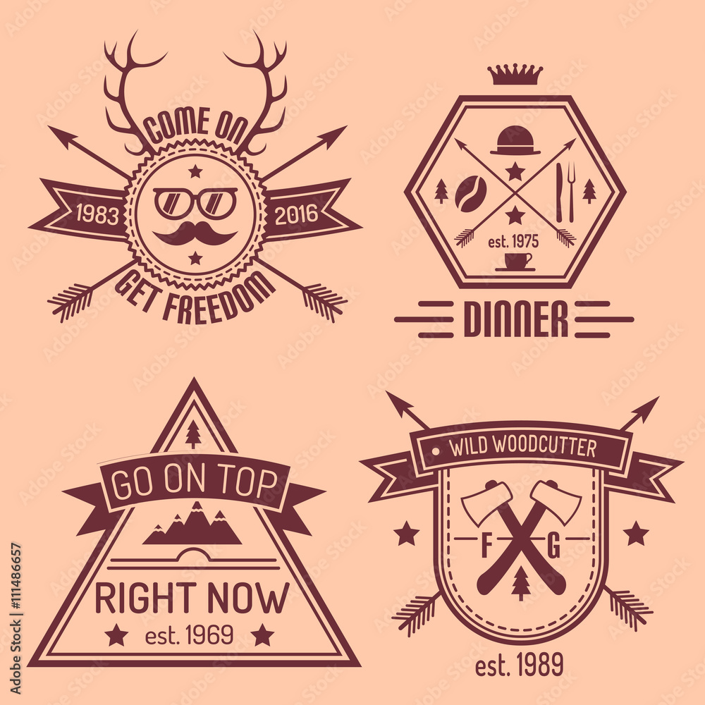 Logos for the hipster, woodcutter, hunter, traveler in retro style with ribbons.
