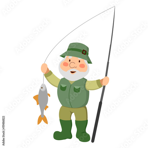 The old man fisherman. Cartoon man with beard isolated on white background.