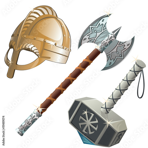 Historical weapons, axe, hammer and helmet