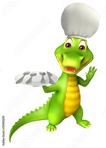 cute Aligator cartoon character with dinner plate and spoons