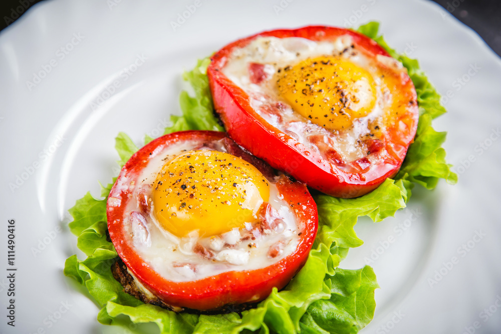 eggs on a green salad in a red pepper, food eggs on a green salad in a red pepper, food