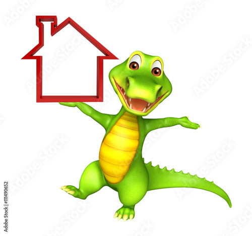cute Aligator cartoon character with home sign