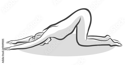 Hand Drawn Extended Puppy Pose Uttana Shishosana Pose, Yoga Woman. Vector Outline Illustration.