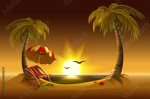 Evening beach. Sea, sun, palm trees and sand. Romantic summer vacation