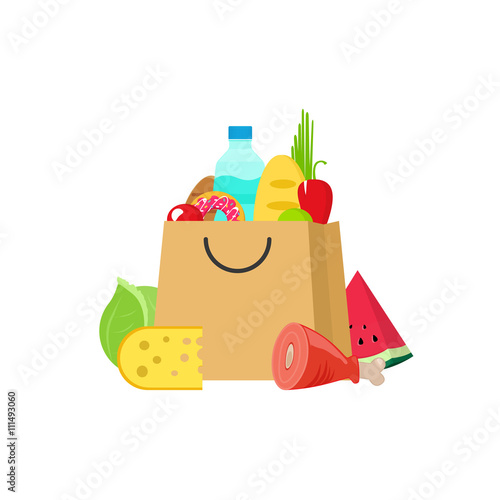 Grocery bag vector illustration isolated on white, paper bag of groceries flat cartoon, fresh food and drink products shopping bag, organic healthy products