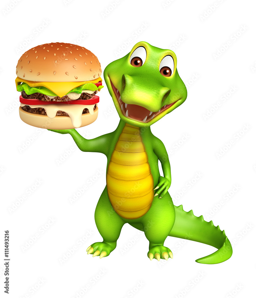 Fototapeta premium cute Aligator cartoon character with burger