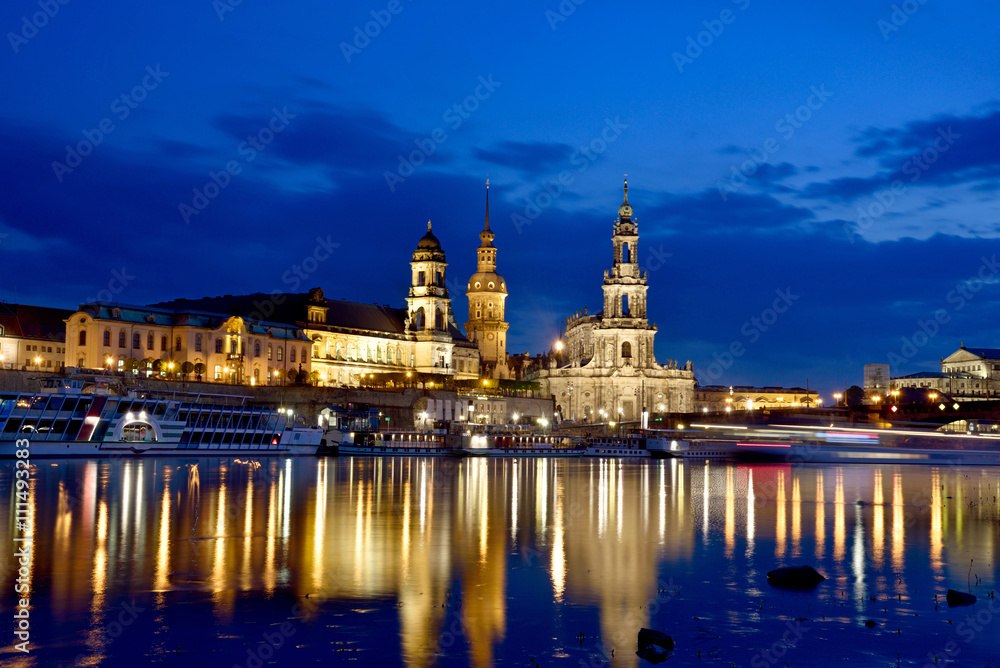 Scenic night view of the old Dresden over the river Elbe. Saxony