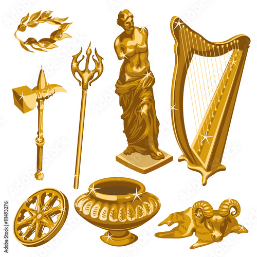 Harp, statue, weapons and other items of antiquity
