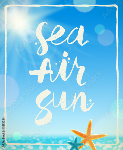 Summer holidays vector illustration - handwritten brush calligraphy and starfishes on the background of the sunny seascape