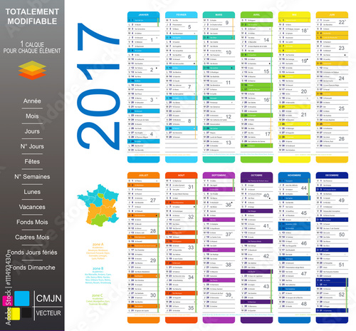 Calendrier 2017 français avec jours fériés entièrement modifiable