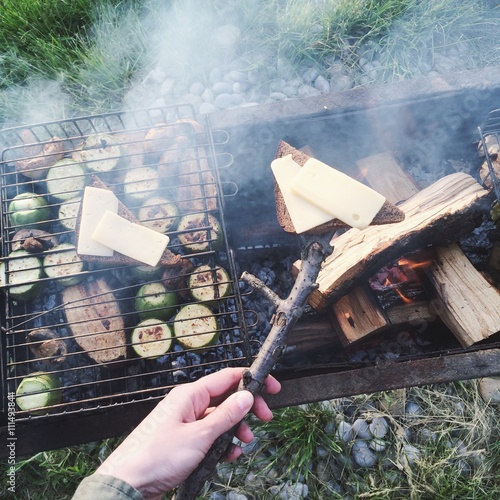 Bread, cheese and vegetables on barbecue grill photo