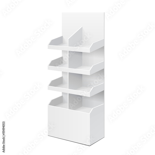 White POS POI Cardboard Blank Empty Displays With Shelves Products. On White Background Isolated. Mock Up Template Ready For Your Design. Product Packing Vector EPS10