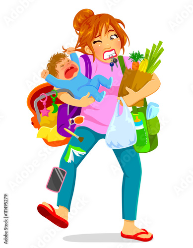 stressed woman carrying a crying baby and a lot of luggage
