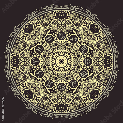 Ornate mandala and zodiac circle with horoscope signs on black background. Vintage hand drawn vector illustration