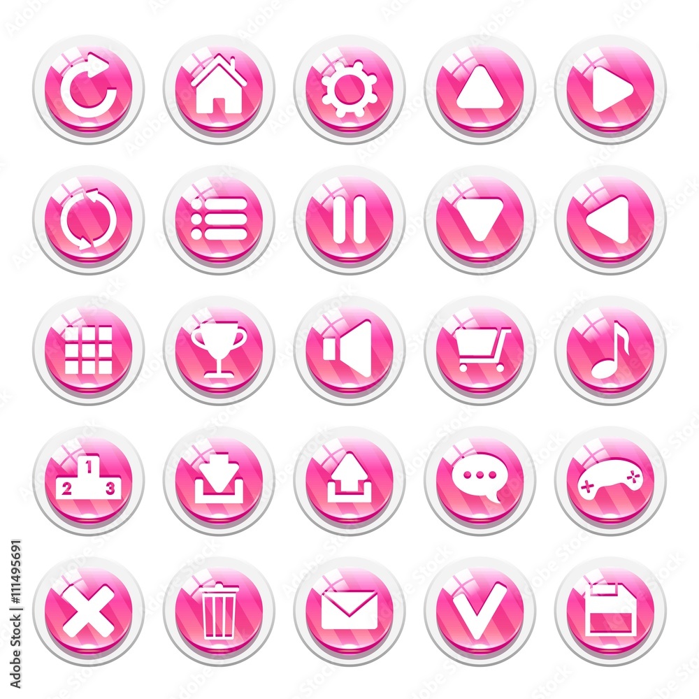 Set of pink striped glassy buttons for game interfaces. Vector GUI elements for mobile app or PC games. Isolated on white background Set of pink striped glassy buttons for game interfaces. Vector GUI elements for mobile app or PC games. Isolated on white background