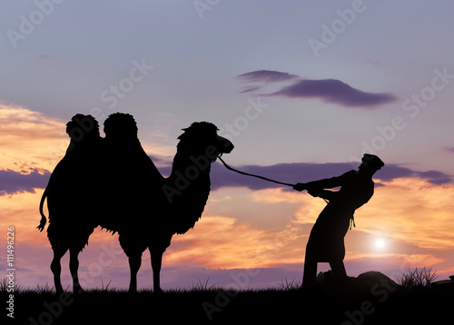 Bedouin and camel silhouette at sunset