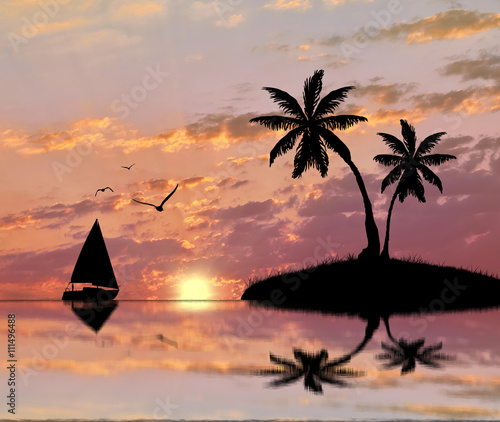 Silhouette of a tropical island with palm trees and a sailboat