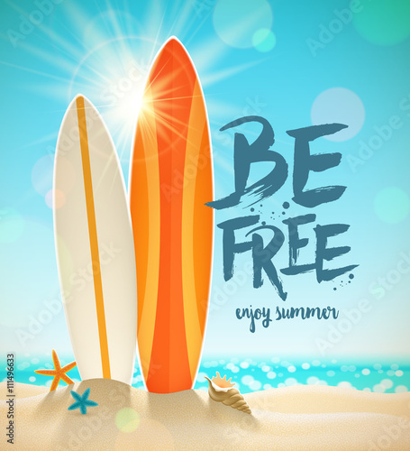 Summer holidays vector illustration with brush calligraphy. Surfboards, starfish and shell on a sunny tropical beach.