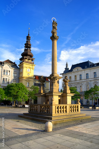 Plaque column of the Virgin Mary (Mariansky morovy sloup ) and old town hall (Stara radnice), Masaryk square (Masarykovo namesti), Ostrava, Czech republic / Czechia photo