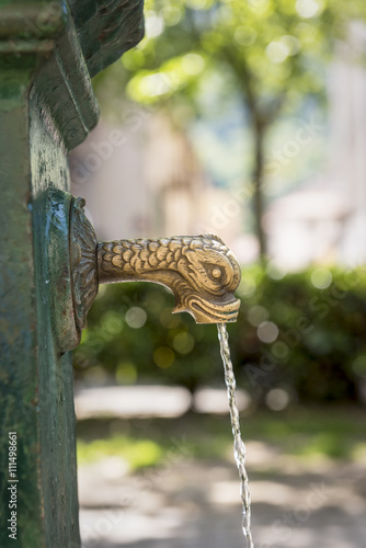 Italian Water Fountain: A old brass fish-shaped public drinking fountain in Como, Italy