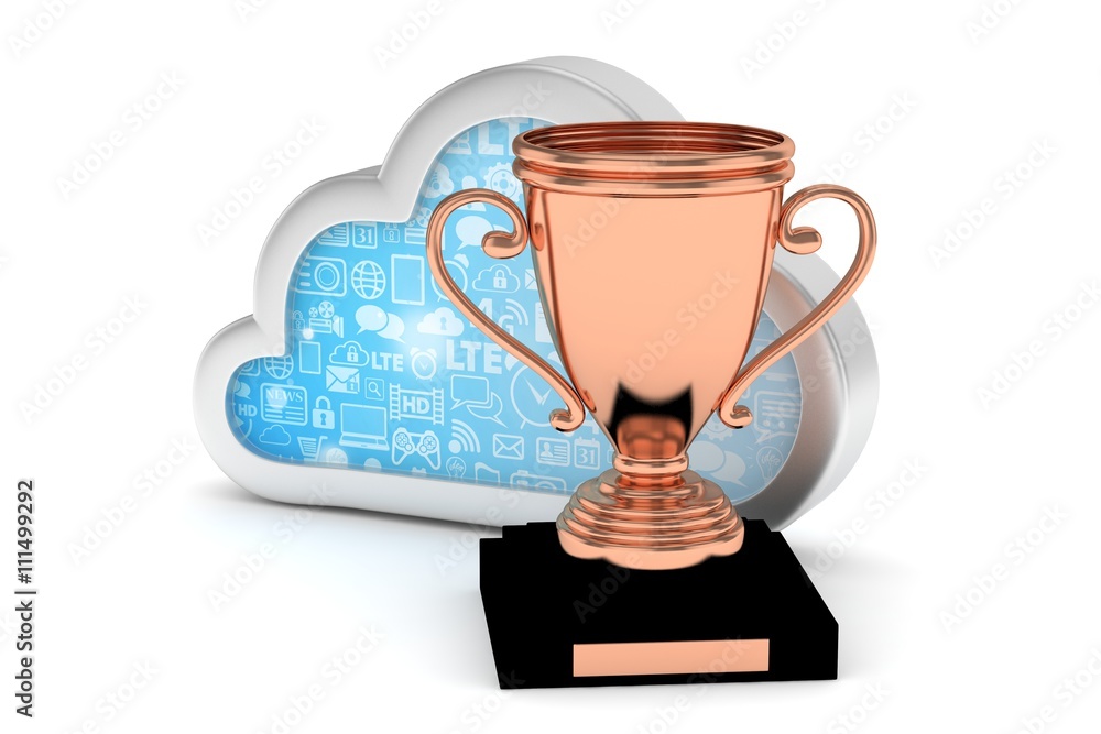 Isoalted bronze cup with cloud on white background. Concept of cloud storage competition. Leader cloud drive. Best storage contest. 3D rendering. Isoalted bronze cup with cloud on white background. Concept of cloud storage competition. Leader cloud drive. Best storage contest. 3D rendering.