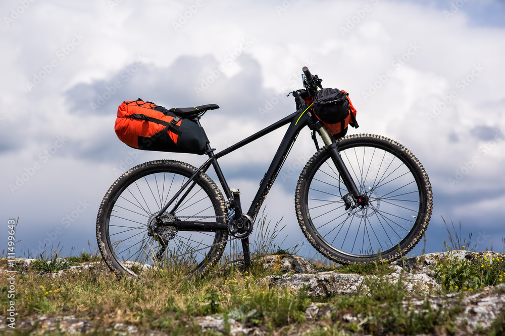 Naklejka premium Bicycle with orange bags for travel