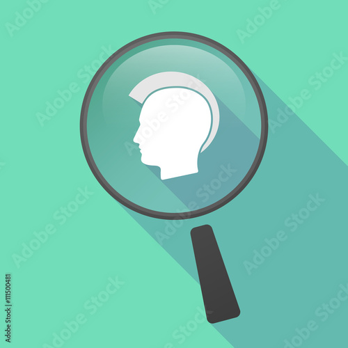 Long shadow magnifier vector icon with  a male punk head silhoue