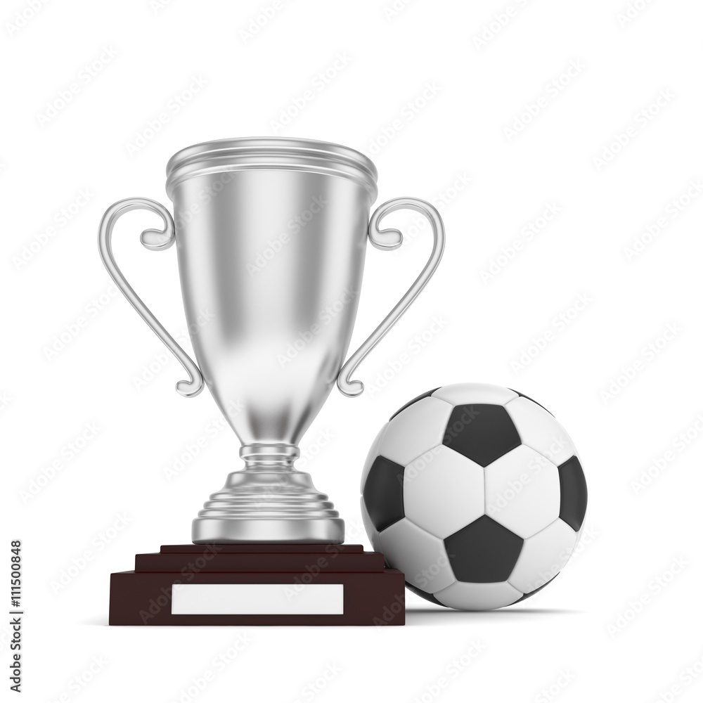 Isolated silver cup with ball on white background. Soccer and football. Second place trophy. Game and competition. 3D rendering Isolated silver cup with ball on white background. Soccer and football. Second place trophy. Game and competition. 3D rendering