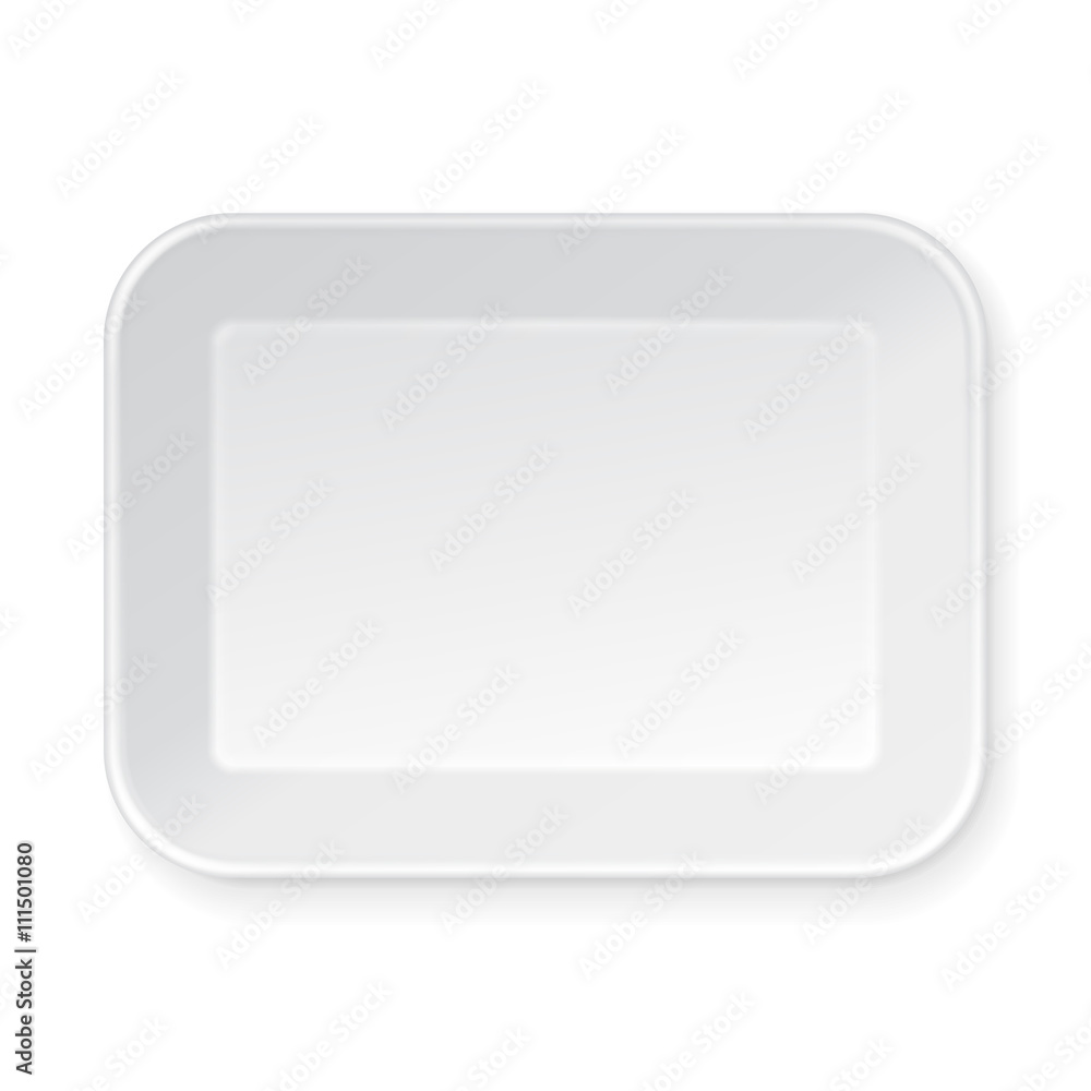 White Empty Blank Styrofoam Plastic Food Tray Container. Illustration Isolated On White Background. Mock Up Template Ready For Your Design. Vector EPS10 White Empty Blank Styrofoam Plastic Food Tray Container. Illustration Isolated On White Background. Mock Up Template Ready For Your Design. Vector EPS10
