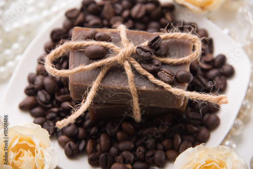 Composition with grains of coffee, soap and decorative objects