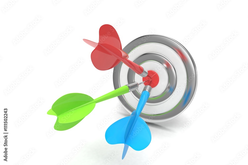 Three arrows darts in center. 3d rendering. Three arrows darts in center. 3d rendering.