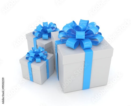 three gift boxes with bows isolated on white. 3d rendering. © Natalia Merzlyakova